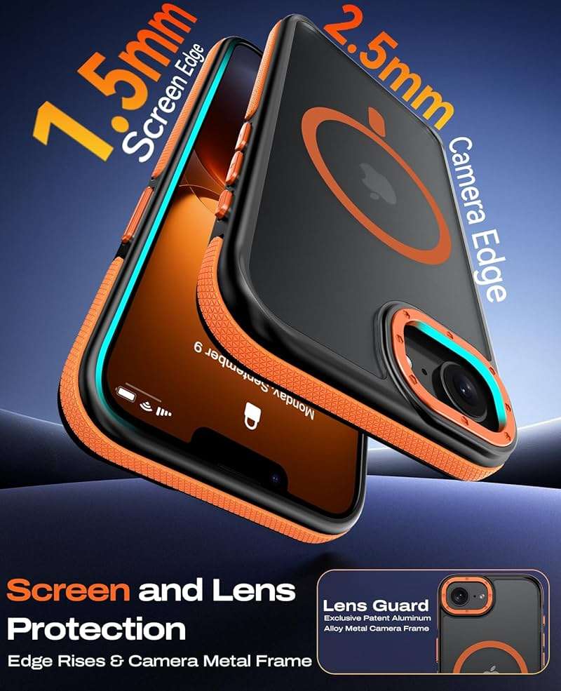 BENTOBEN Magnetic for iPhone 17e Case 2026 [Compatible with Magsafe] [Metal Camera Protection] Slim Translucent Matte Back Anti-Slip Bumper Women Men Phone Cases for iPhone 17e 6.1", Orange/Black - Image 5