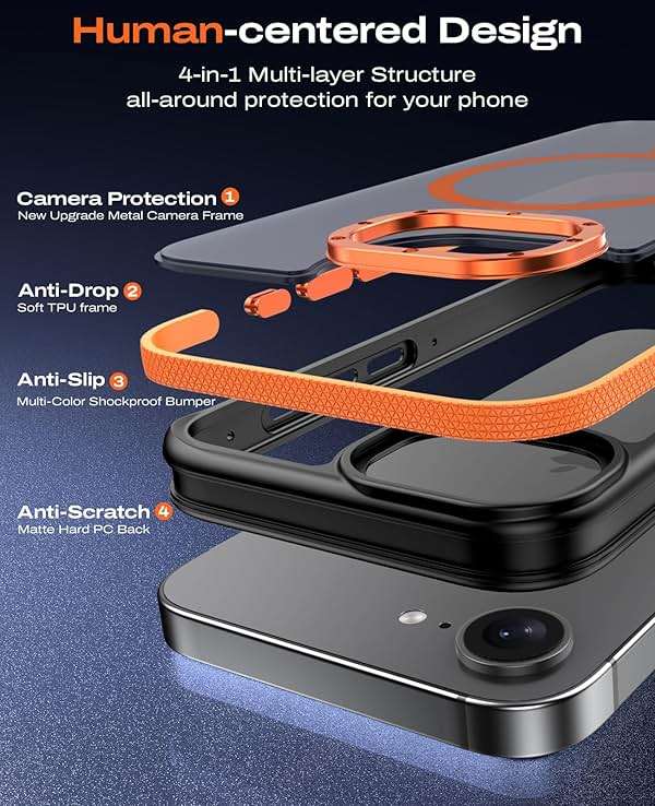 BENTOBEN Magnetic for iPhone 17e Case 2026 [Compatible with Magsafe] [Metal Camera Protection] Slim Translucent Matte Back Anti-Slip Bumper Women Men Phone Cases for iPhone 17e 6.1", Orange/Black - Image 6