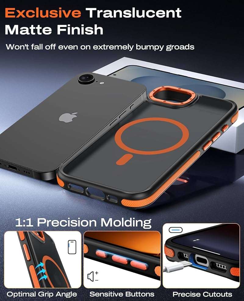 BENTOBEN Magnetic for iPhone 17e Case 2026 [Compatible with Magsafe] [Metal Camera Protection] Slim Translucent Matte Back Anti-Slip Bumper Women Men Phone Cases for iPhone 17e 6.1", Orange/Black - Image 7