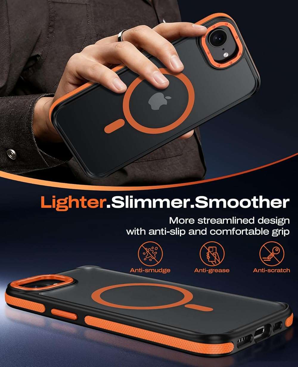 BENTOBEN Magnetic for iPhone 17e Case 2026 [Compatible with Magsafe] [Metal Camera Protection] Slim Translucent Matte Back Anti-Slip Bumper Women Men Phone Cases for iPhone 17e 6.1", Orange/Black - Image 8