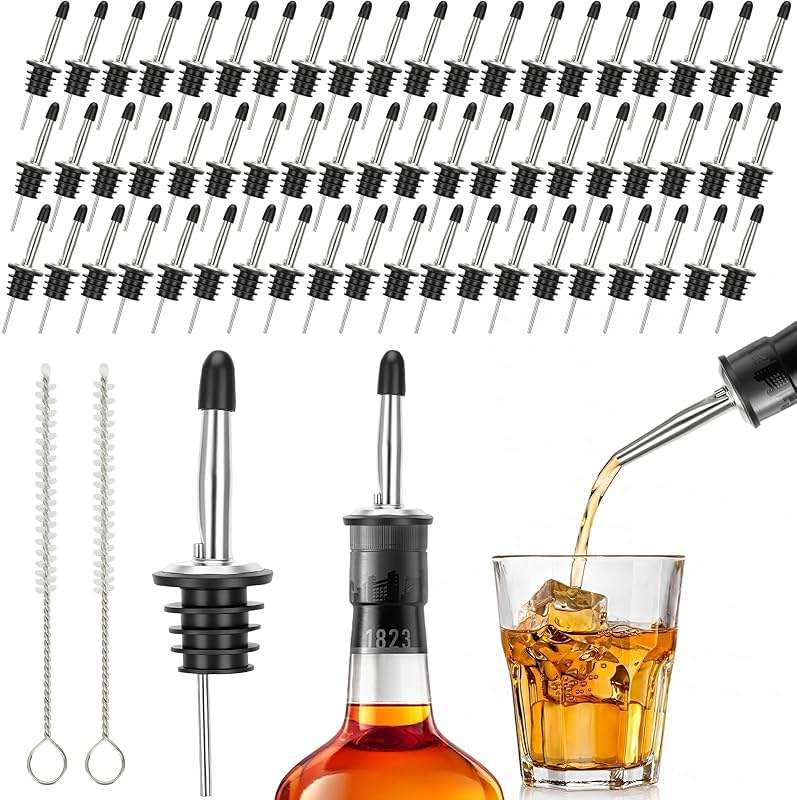 60 PACK Liquor Pour Spout Speed Pourers for Liquor Bottles Alcohol Oil Vinegar and Wine, Bar accessories, Stainless Steel Pourers for Bartending with Dust Caps - Image 1