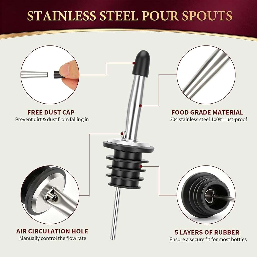 60 PACK Liquor Pour Spout Speed Pourers for Liquor Bottles Alcohol Oil Vinegar and Wine, Bar accessories, Stainless Steel Pourers for Bartending with Dust Caps - Image 2