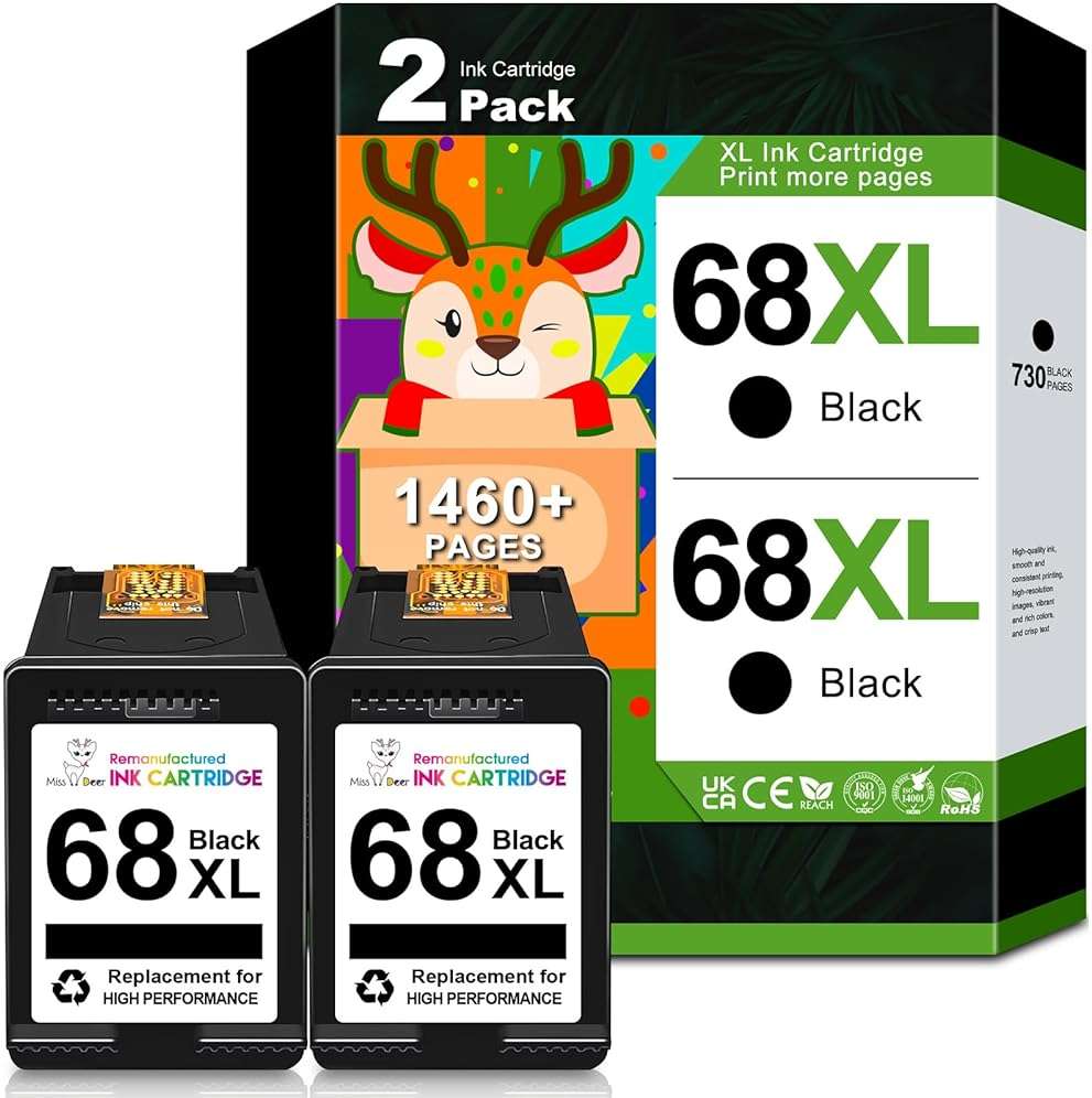 Miss Deer 68XL 68e Ink Cartridges Black 2 Pack Replacement for Hp 68 XL,Work for 6100e 6500e Printers for Envy 6152e 6155e 6552e 6555e 6558e 6110e 6110r 6120e 6130e 6131e 6132e 6165e 6520e 6530e - Image 1
