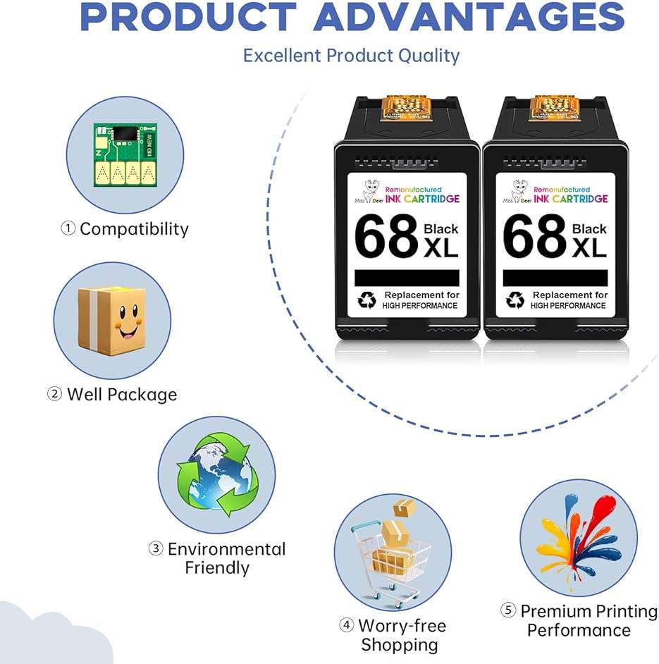 Miss Deer 68XL 68e Ink Cartridges Black 2 Pack Replacement for Hp 68 XL,Work for 6100e 6500e Printers for Envy 6152e 6155e 6552e 6555e 6558e 6110e 6110r 6120e 6130e 6131e 6132e 6165e 6520e 6530e - Image 6