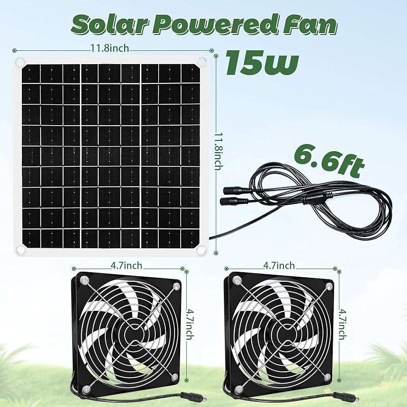 15W Solar Powered Fan for Chicken Coop, Solar Panel Exhaust & Intake Fan with Two Waterproof Fans 6.5Ft Cable Installation Kits, Ideal for Greenhouse Dog-House Outside Shed - Image 2