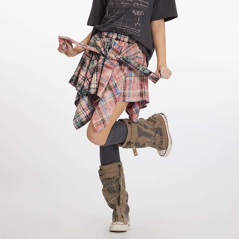 Women's Asymmetric Plaid Mini Skirt Y2K Aesthetic Emo Punk Checked Skirt Irregular Hem Streetwear Low Rise Grunge Skirt - Image 2