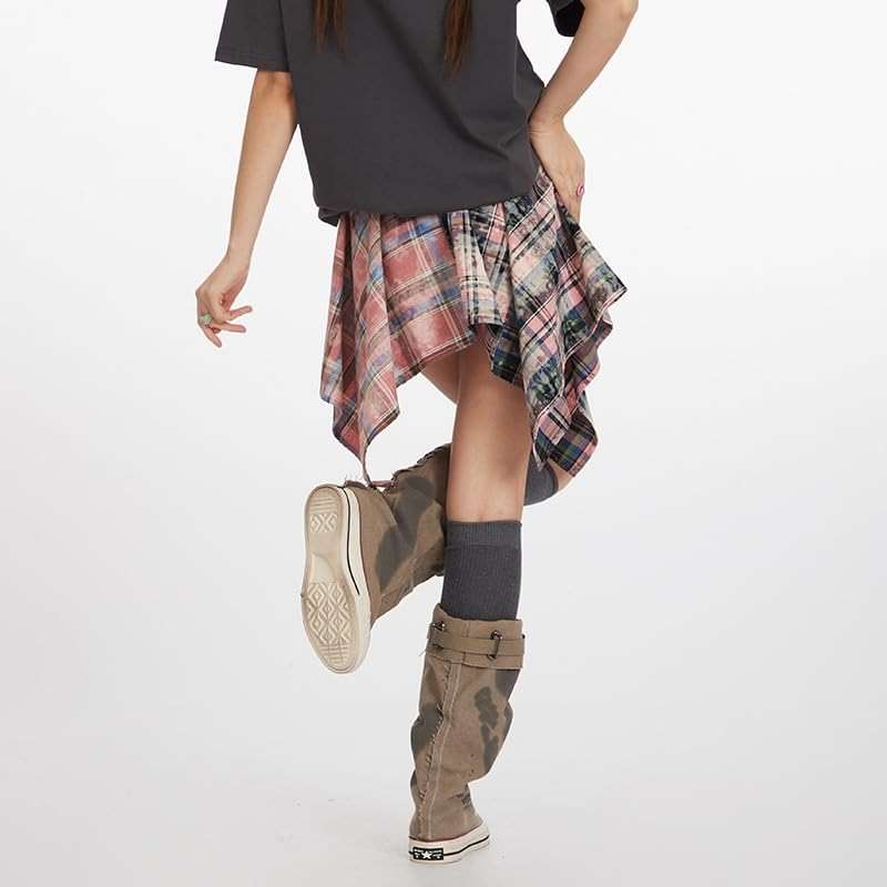 Women's Asymmetric Plaid Mini Skirt Y2K Aesthetic Emo Punk Checked Skirt Irregular Hem Streetwear Low Rise Grunge Skirt - Image 4