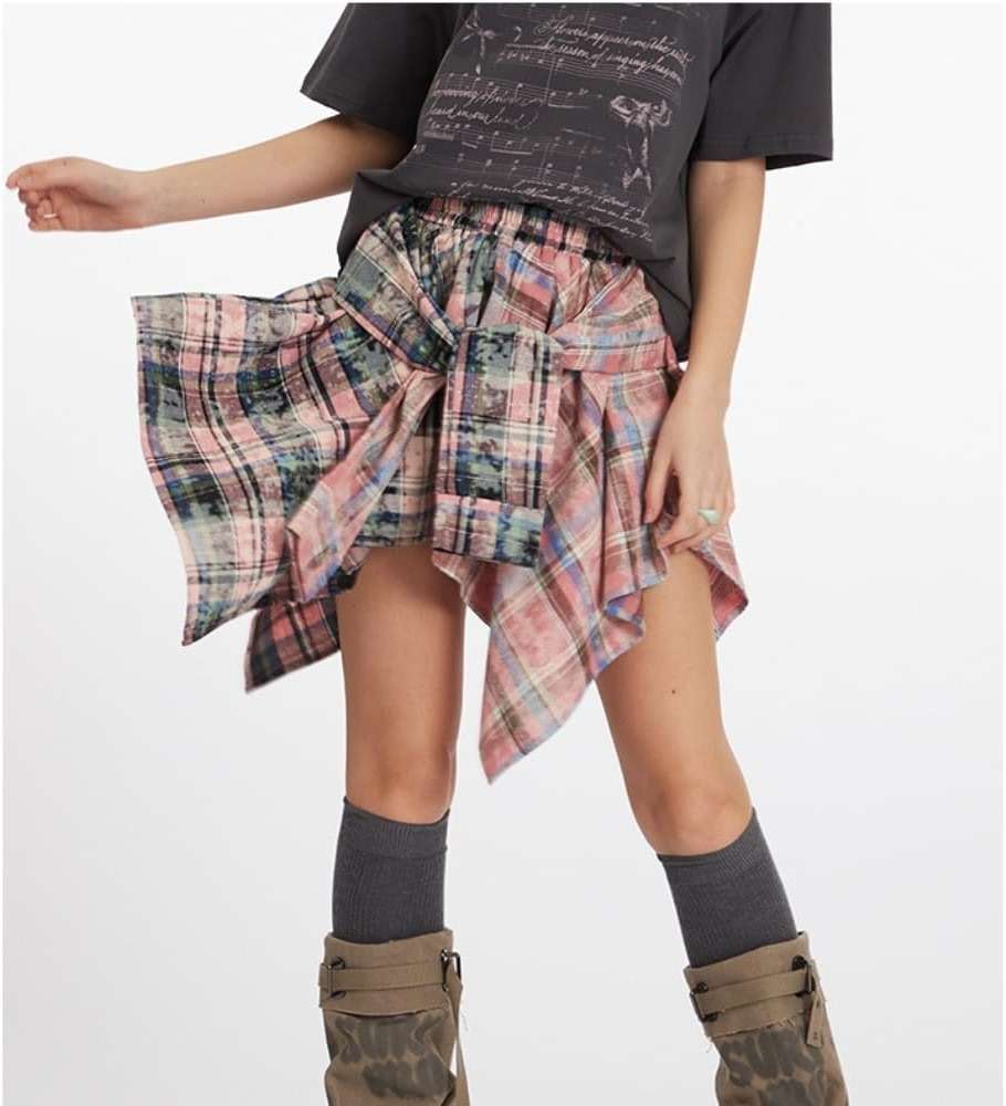 Women's Asymmetric Plaid Mini Skirt Y2K Aesthetic Emo Punk Checked Skirt Irregular Hem Streetwear Low Rise Grunge Skirt - Image 5