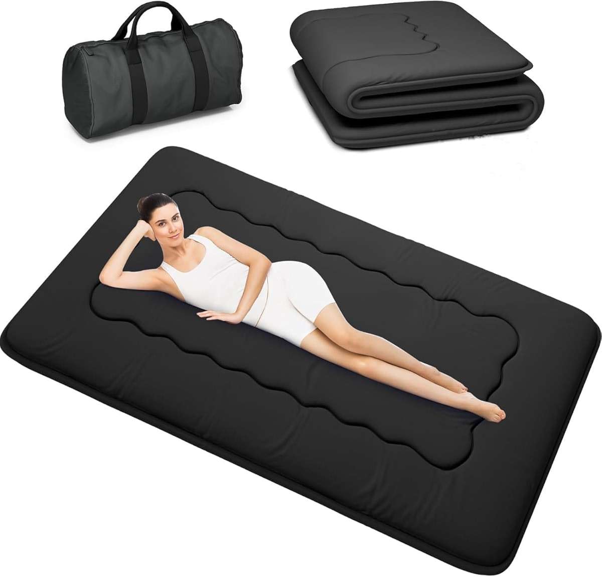 Kiseely Japanese Futon Mattress, Foldable Tatami Mat Portable Dormitory Sleeping Pad with Bag & Strap, Floor Thicken Sleeping Roll up Camping Mattress (Black WS1, 39"X80") - Image 1