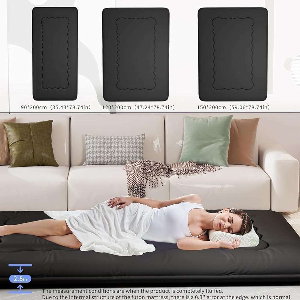 Kiseely Japanese Futon Mattress, Foldable Tatami Mat Portable Dormitory Sleeping Pad with Bag & Strap, Floor Thicken Sleeping Roll up Camping Mattress (Black WS1, 39"X80") - Image 2