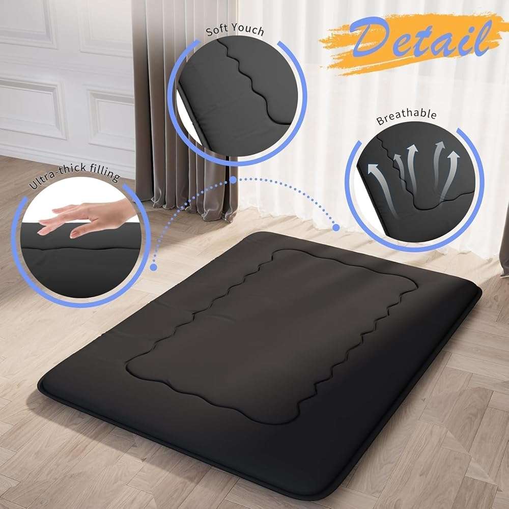 Kiseely Japanese Futon Mattress, Foldable Tatami Mat Portable Dormitory Sleeping Pad with Bag & Strap, Floor Thicken Sleeping Roll up Camping Mattress (Black WS1, 39"X80") - Image 4