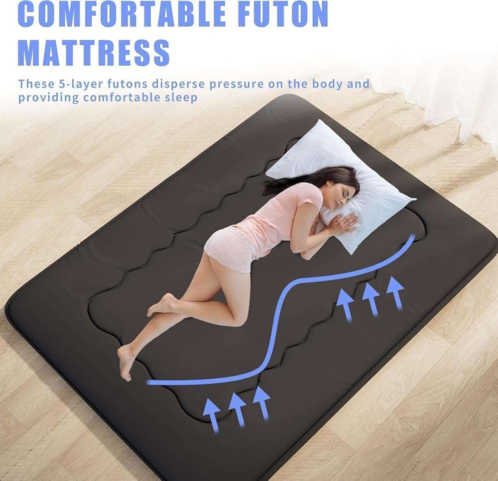 Kiseely Japanese Futon Mattress, Foldable Tatami Mat Portable Dormitory Sleeping Pad with Bag & Strap, Floor Thicken Sleeping Roll up Camping Mattress (Black WS1, 39"X80") - Image 5