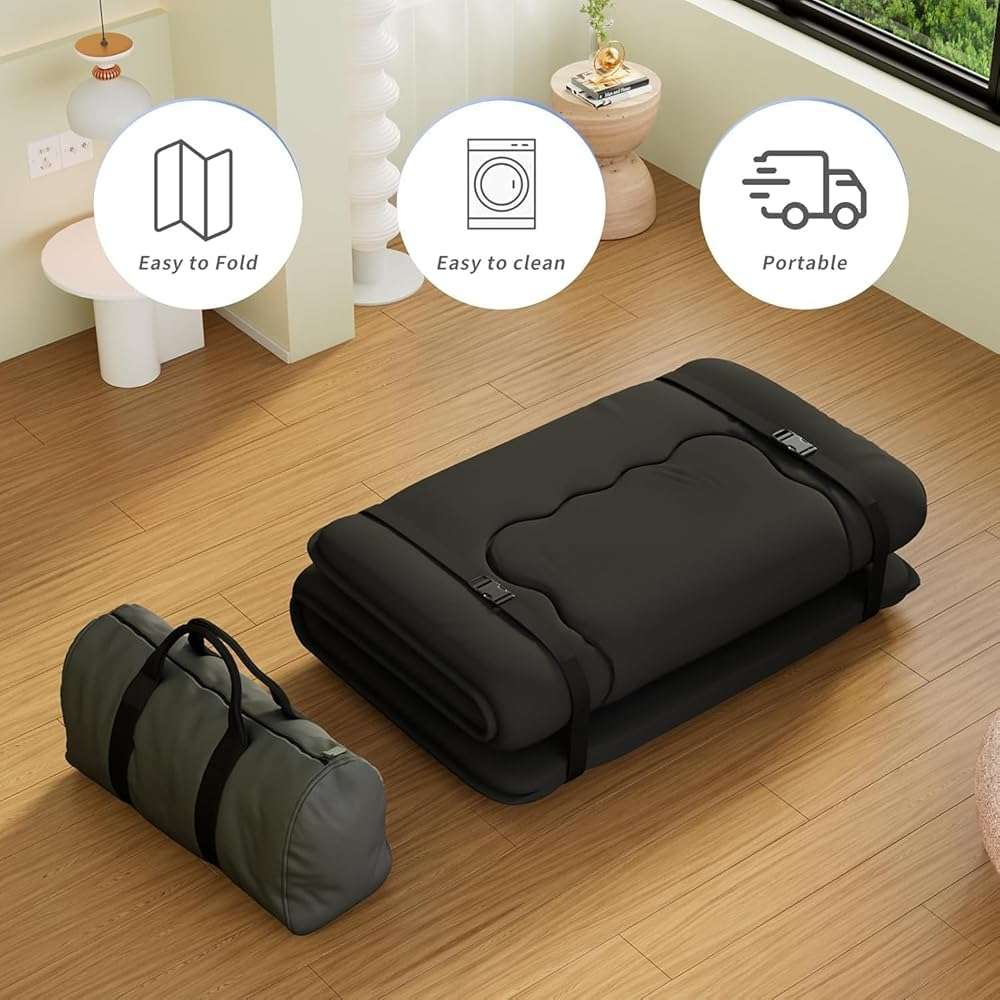 Kiseely Japanese Futon Mattress, Foldable Tatami Mat Portable Dormitory Sleeping Pad with Bag & Strap, Floor Thicken Sleeping Roll up Camping Mattress (Black WS1, 39"X80") - Image 7
