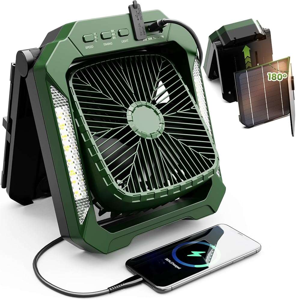 26800mAh Portable Fan Rechargeable with 18W Detachable Solar Panel, Quiet Battery Powered Camping Fan Cordless with LED Lantern,3 Speed,Timer,USB-C,for Bedroom Tent Home Office Desk Hurricane(Green) - Image 1