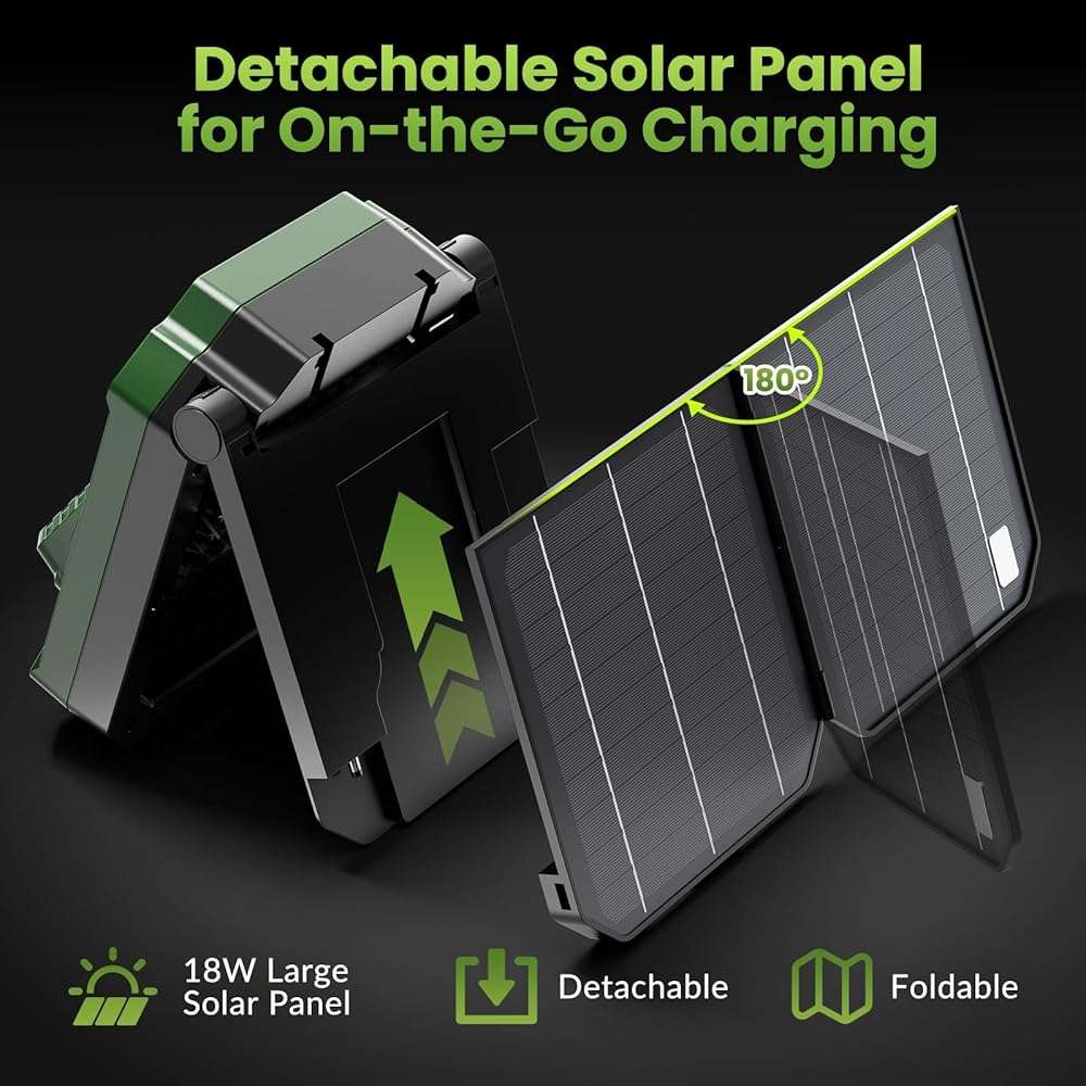 26800mAh Portable Fan Rechargeable with 18W Detachable Solar Panel, Quiet Battery Powered Camping Fan Cordless with LED Lantern,3 Speed,Timer,USB-C,for Bedroom Tent Home Office Desk Hurricane(Green) - Image 2