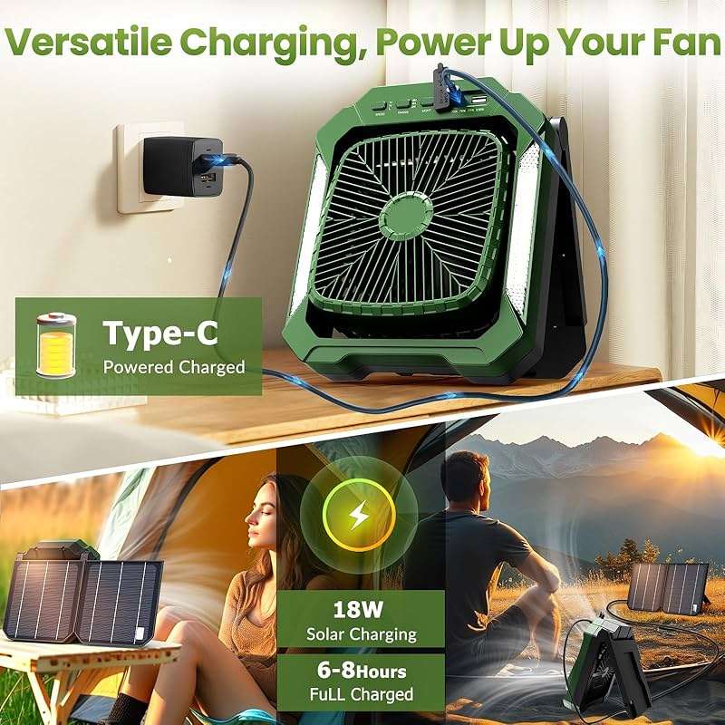 26800mAh Portable Fan Rechargeable with 18W Detachable Solar Panel, Quiet Battery Powered Camping Fan Cordless with LED Lantern,3 Speed,Timer,USB-C,for Bedroom Tent Home Office Desk Hurricane(Green) - Image 3