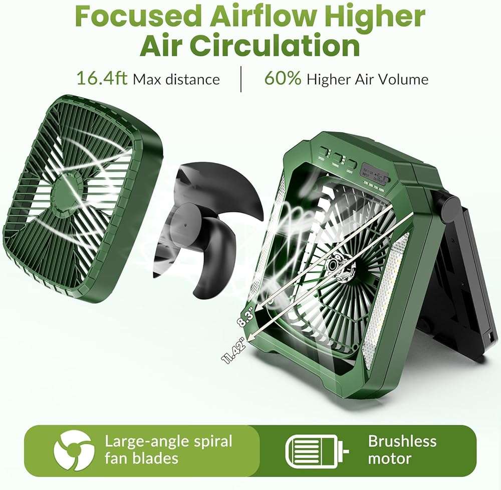 26800mAh Portable Fan Rechargeable with 18W Detachable Solar Panel, Quiet Battery Powered Camping Fan Cordless with LED Lantern,3 Speed,Timer,USB-C,for Bedroom Tent Home Office Desk Hurricane(Green) - Image 5