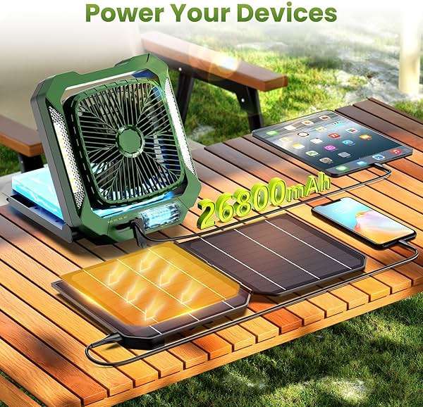 26800mAh Portable Fan Rechargeable with 18W Detachable Solar Panel, Quiet Battery Powered Camping Fan Cordless with LED Lantern,3 Speed,Timer,USB-C,for Bedroom Tent Home Office Desk Hurricane(Green) - Image 6
