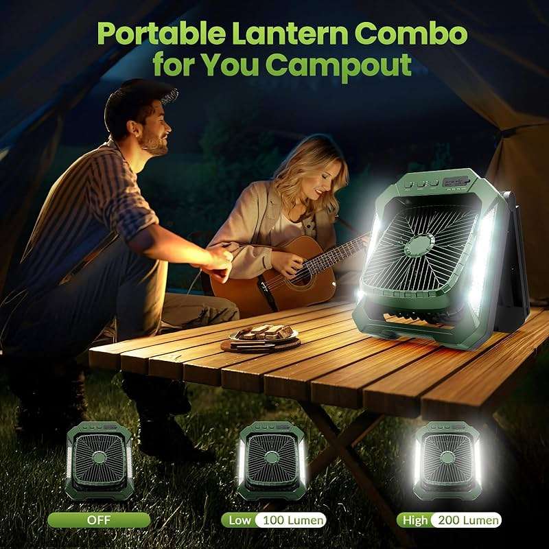 26800mAh Portable Fan Rechargeable with 18W Detachable Solar Panel, Quiet Battery Powered Camping Fan Cordless with LED Lantern,3 Speed,Timer,USB-C,for Bedroom Tent Home Office Desk Hurricane(Green) - Image 7
