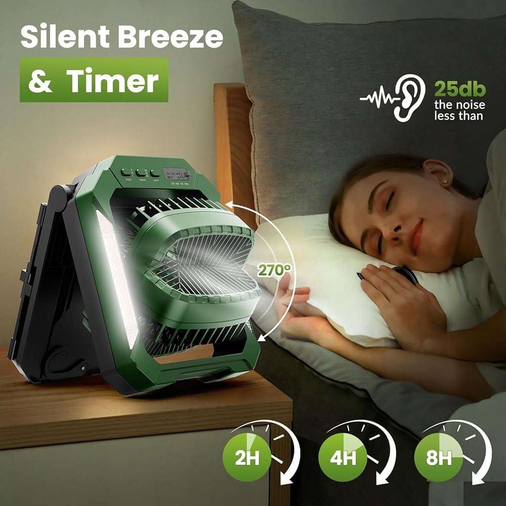 26800mAh Portable Fan Rechargeable with 18W Detachable Solar Panel, Quiet Battery Powered Camping Fan Cordless with LED Lantern,3 Speed,Timer,USB-C,for Bedroom Tent Home Office Desk Hurricane(Green) - Image 8