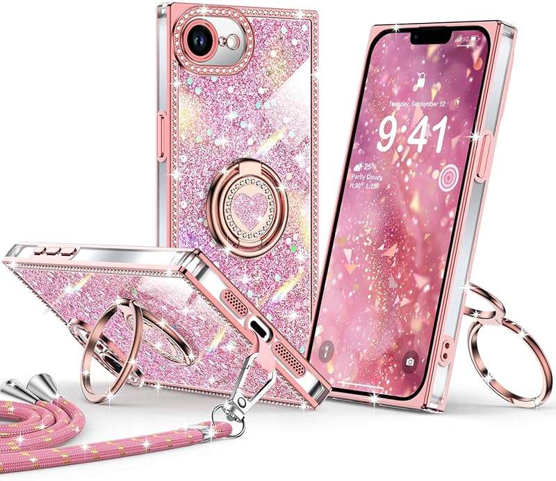XYZ for iPhone 17e/16e Case, Glitter Bling Phone Cover with 2-Ring Heart Stand & Lanyard, Women Girls Luxury Rhinestone Shockproof Protective Case for iPhone 17e/16e, Pink - Image 1