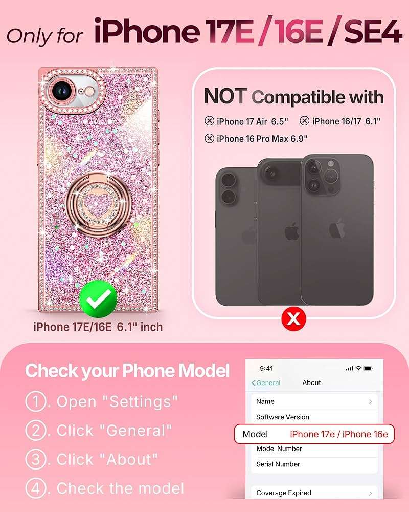 XYZ for iPhone 17e/16e Case, Glitter Bling Phone Cover with 2-Ring Heart Stand & Lanyard, Women Girls Luxury Rhinestone Shockproof Protective Case for iPhone 17e/16e, Pink - Image 2
