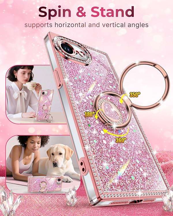 XYZ for iPhone 17e/16e Case, Glitter Bling Phone Cover with 2-Ring Heart Stand & Lanyard, Women Girls Luxury Rhinestone Shockproof Protective Case for iPhone 17e/16e, Pink - Image 3