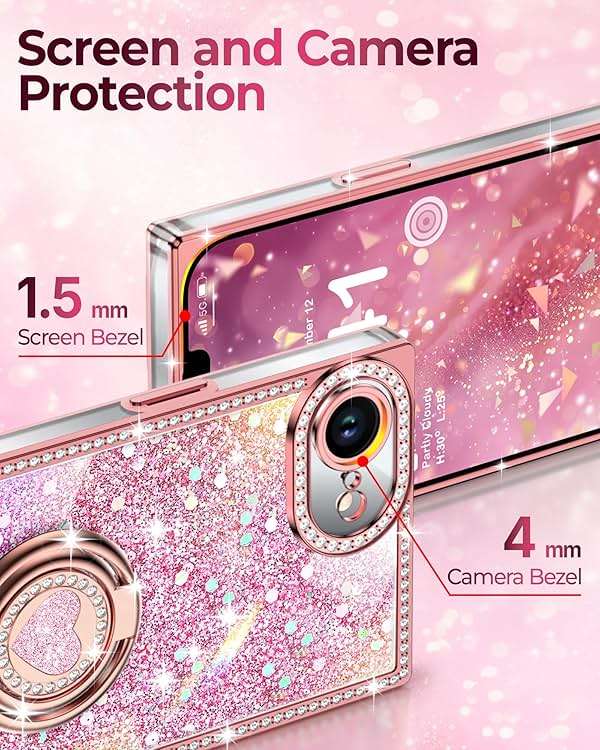 XYZ for iPhone 17e/16e Case, Glitter Bling Phone Cover with 2-Ring Heart Stand & Lanyard, Women Girls Luxury Rhinestone Shockproof Protective Case for iPhone 17e/16e, Pink - Image 4