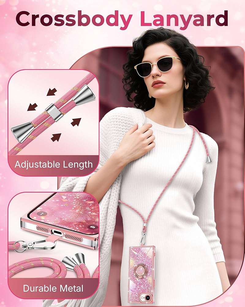 XYZ for iPhone 17e/16e Case, Glitter Bling Phone Cover with 2-Ring Heart Stand & Lanyard, Women Girls Luxury Rhinestone Shockproof Protective Case for iPhone 17e/16e, Pink - Image 5