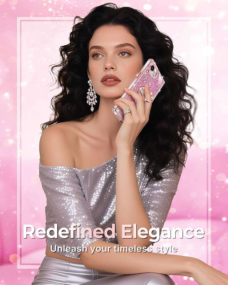 XYZ for iPhone 17e/16e Case, Glitter Bling Phone Cover with 2-Ring Heart Stand & Lanyard, Women Girls Luxury Rhinestone Shockproof Protective Case for iPhone 17e/16e, Pink - Image 6