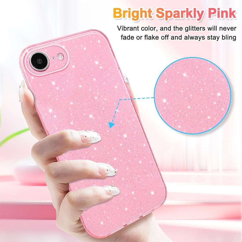 Hython Case for iPhone 17e Case Glitter Cute Sparkly Shiny Bling Sparkle Phone Cases 6.1", Thin Slim Fit Soft TPU Bumper Shockproof Rubber Protective Cover for Women Girls Girly, Bright Pink - Image 2