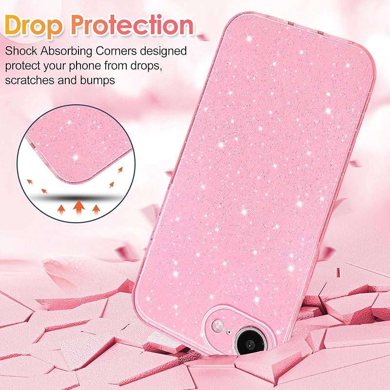 Hython Case for iPhone 17e Case Glitter Cute Sparkly Shiny Bling Sparkle Phone Cases 6.1", Thin Slim Fit Soft TPU Bumper Shockproof Rubber Protective Cover for Women Girls Girly, Bright Pink - Image 4