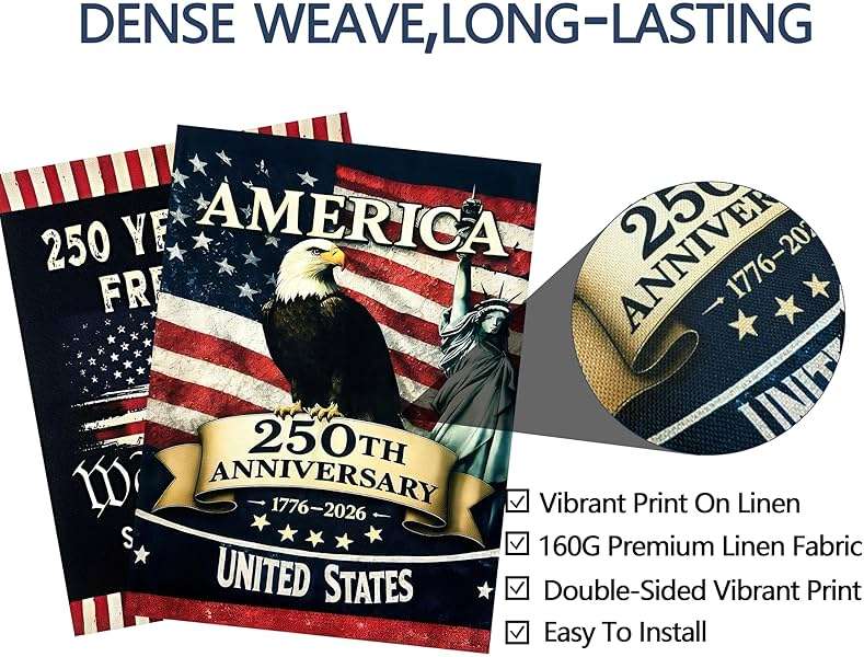 2PCS 250th Anniversary American Garden Flag,July 4th Independence Day Patriotic Banner,Double-Sided Waterproof 1776-2026 Commemorative Flags - Image 4