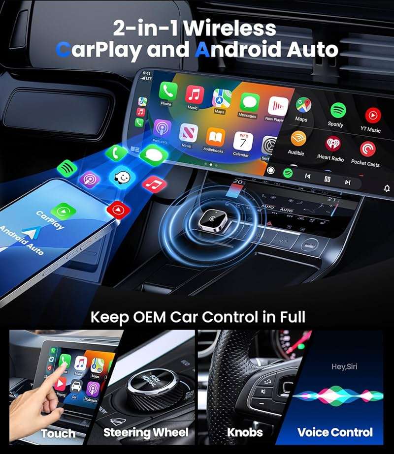 Teeran 2 in 1 Wireless CarPlay and Android Auto Adapter, Easy Setup Plug and Play, Fast Seamless Use, Supports 1000+ Cars with Built-in Wired CarPlay/Android Auto Compact Car Adapter 2026 Upgraded - Image 3