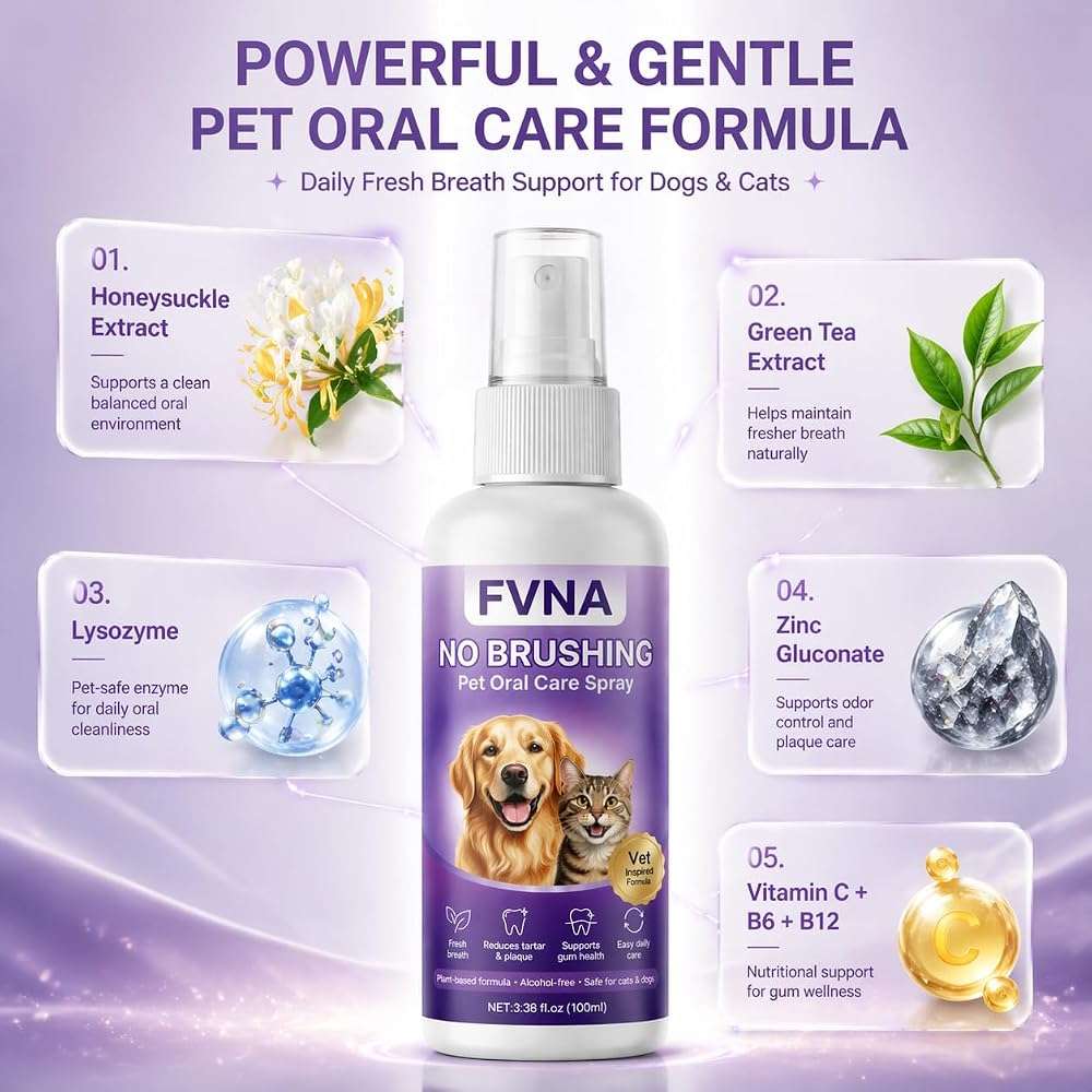 FVNA No Brushing Pet Oral Care Spray, Breath Freshener & Teeth Cleaning Pet Dental Care Spray for Dogs & Cats, Reduce Plaque & Tartar, Supports Gum Health,Daily Dental Care for Pets (1) - Image 6