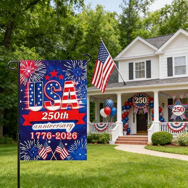 250 Anniversary Usa Garden Flags for Outside, 250 Anniversary USA Flag 1776-2026 Commemorative Patriotic Yard Sign Outdoor Firework Design Banner 4th of July Decorations Double Sided Waterproof 250 Year American Flag 12x18 Inch - Image 2