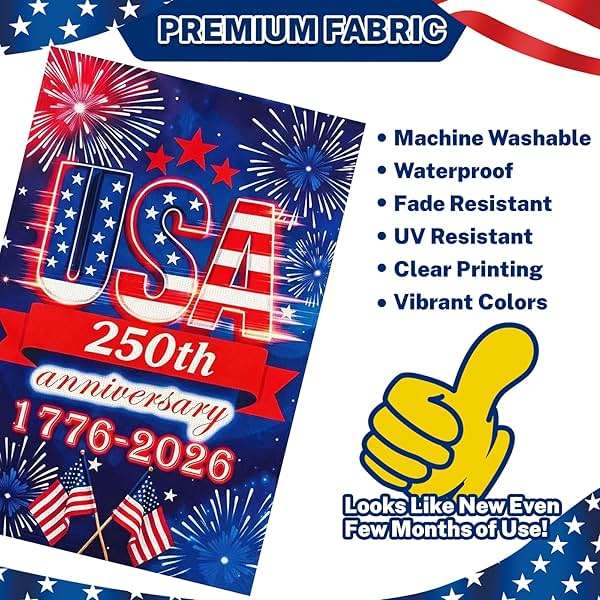 250 Anniversary Usa Garden Flags for Outside, 250 Anniversary USA Flag 1776-2026 Commemorative Patriotic Yard Sign Outdoor Firework Design Banner 4th of July Decorations Double Sided Waterproof 250 Year American Flag 12x18 Inch - Image 8