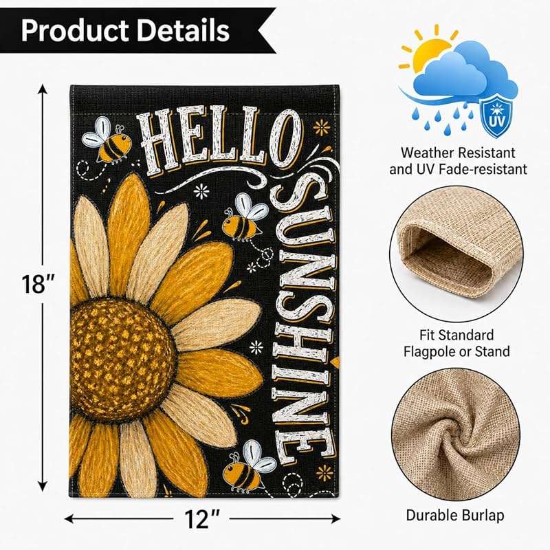 YZWXZY Sunflower Summer Garden Flag 12x18 Inch, Hello Sunshine Garden Flag, Double Sided Burlap Yard Flag, Farmhouse Lawn Porch Outside Decoration - Image 3