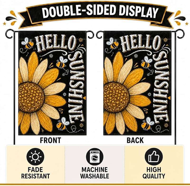 YZWXZY Sunflower Summer Garden Flag 12x18 Inch, Hello Sunshine Garden Flag, Double Sided Burlap Yard Flag, Farmhouse Lawn Porch Outside Decoration - Image 5