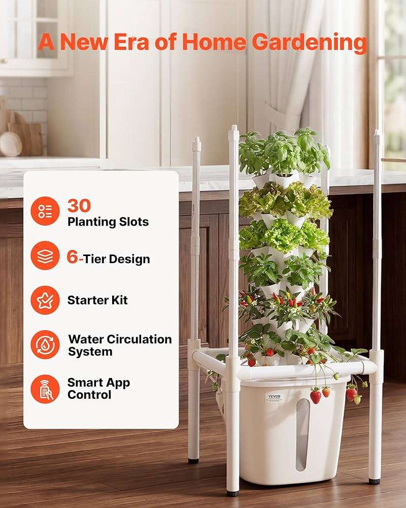 VEVOR Hydroponic Tower, 30 Pods 6 Tiers Hydroponics Growing System Kit with LED Grow Light & App Control, Vertical Home Garden with 20L Water Tank & Pump, Planter for Indoor Herbs, Fruits, Vegetables - Image 4