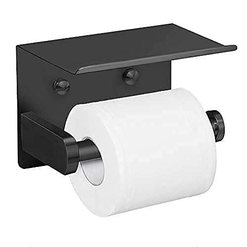 VAEHOLD Self Adhesive Toilet Paper Holder with Phone Shelf Stainless Steel Wall Mounted Toilet Paper Roll Holder - Rustproof and Bathroom Washroom Tissue Roll Holder with Shelf - Black - Image 7