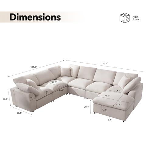 Siiejia Modular Sectional Sofa Modern Oversized Cloud Couch with Movable Ottoman 7 Seater L-Shaped Sofas Comfy Couches for Living Room Spacious Space Office Lounge, Beige - Image 2