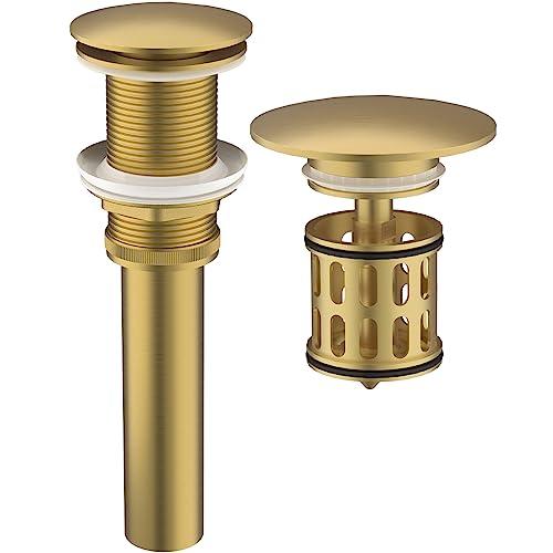 HEROBAI Bathroom Pop up Drain Without Overflow, Anti-Clogging Vessel Sink Drain Strainer, Pop Up Drain with Detachable Basket, Hair Catcher Bathroom Sink Drain Stopper(Brushed Gold, No Overflow)