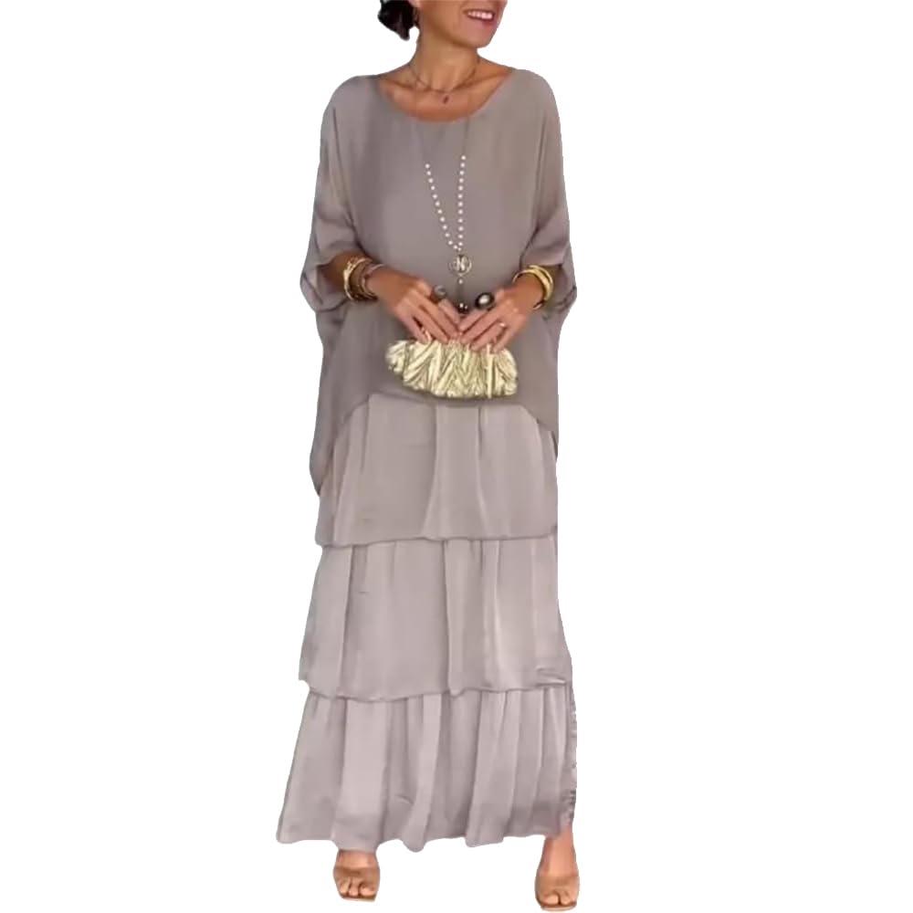 EUUDROBY Artistic Style Loose Dress, Women's Casual A-Line 3/4 Sleeve Round Neck Layered Summer Large Size Maxi Dresses (Gray,XX-Large)