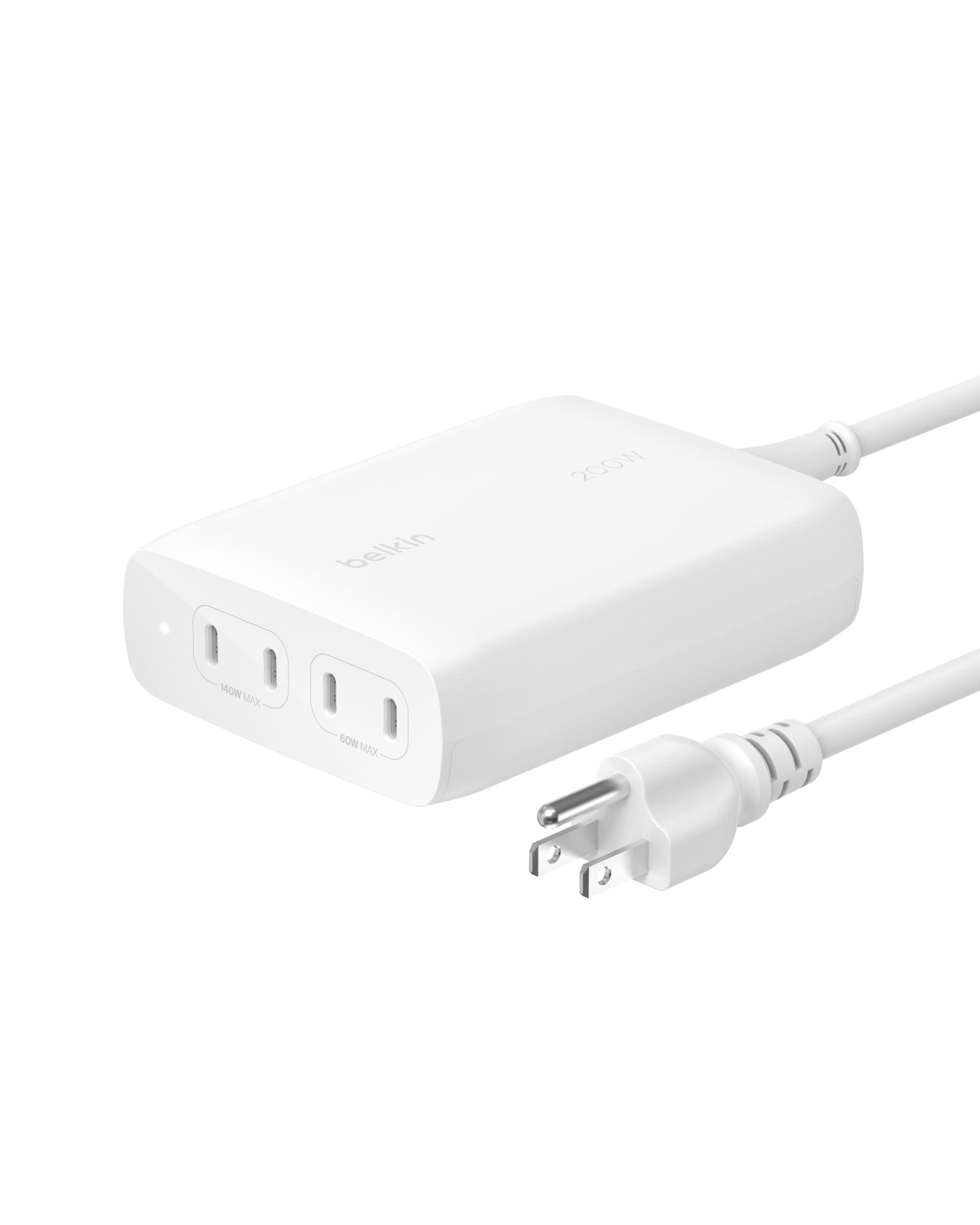 Belkin 4-Port USB C Charger Block 200W - GaN Multi-Port Charger USB-C PD 3.1 Fast Charge + 5ft Power Cord - MacBook, iPhone 16, iPad, Galaxy S25, Google Pixel, Nintendo Switch 2 - White - Image 1