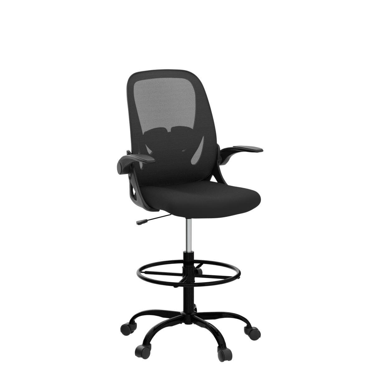 Primy Drafting Chair Tall Office Chair with Flip-up Armrests Executive Ergonomic Computer Standing Desk Chair with Lumbar Support and Adjustable Footrest Ring (Black) - Image 5
