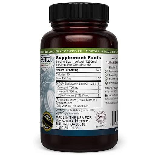 Amazing Herbs Premium Black Seed Oil Capsules - High Potency, Cold Pressed Nigella Sativa Aids in Digestive Health, Immune Support & Brain Function - 60 Count, 1250mg - Image 2