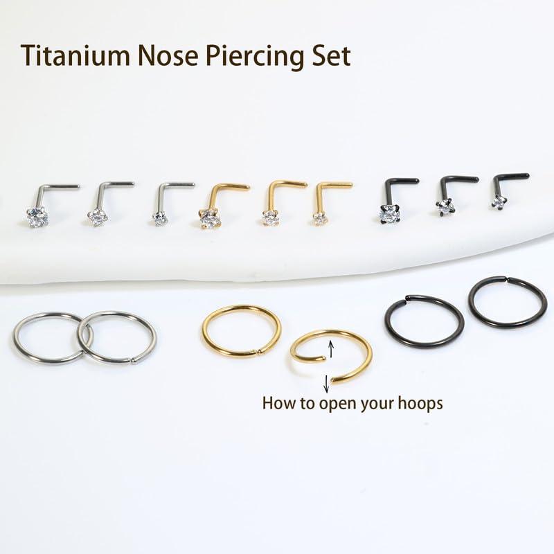 Titanium Nose Rings Hoops Studs 20G 15PCS L Shaped Screw Bone 1.5mm 2mm 2.5mm Cubic Zirconia Small Silver Black Gold Hypoallergenic Piercing Jewelry for Women Men - Image 3