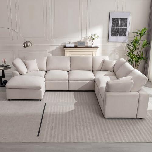 Siiejia Modular Sectional Sofa Modern Oversized Cloud Couch with Movable Ottoman 7 Seater L-Shaped Sofas Comfy Couches for Living Room Spacious Space Office Lounge, Beige - Image 6