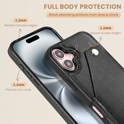 LUCKYCOIN for iPhone 16 Case 6.1in for Women, Leather Wallet Phone Case with Cover Card Holder,Purse with Snap Closure,with Adjustable/Removable Crossbody Strap Hands Free Carry - Black - Image 3